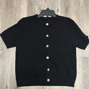 Black Short Sleeve Button-Up Top